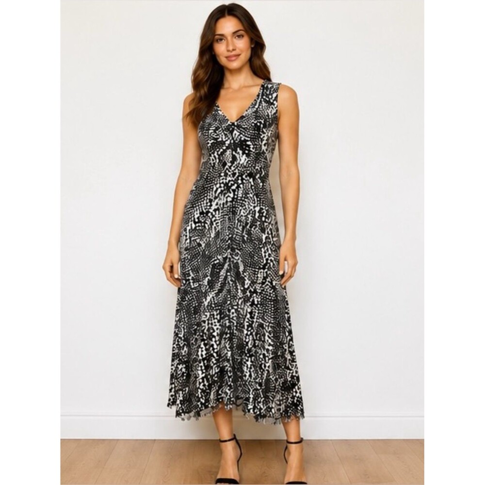 For Cynthia Sleeveless V-Neck Midi Dress Black & White Abstract Print Size Small